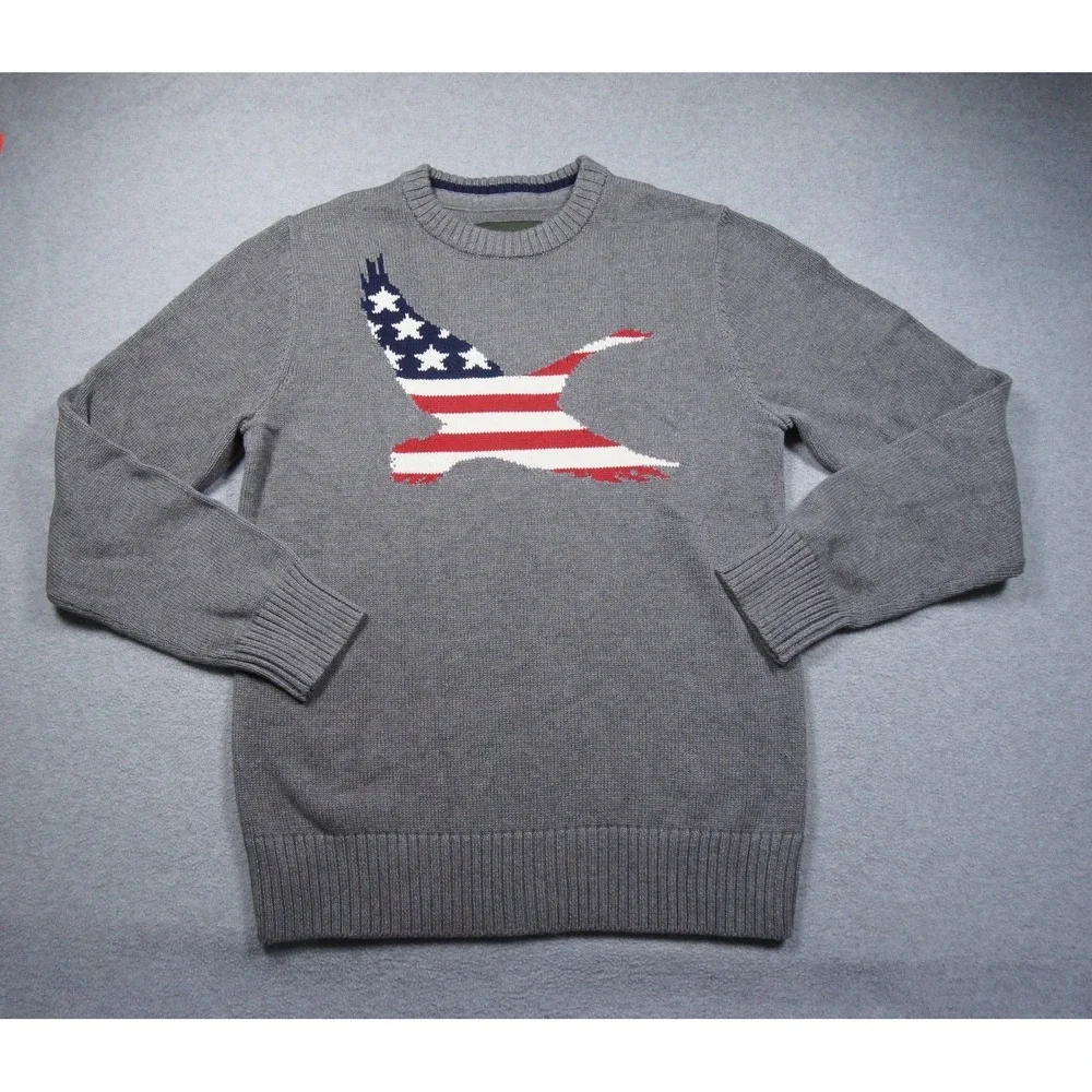 Eddie Bauer Sweater Mens Small Gray Knit Crewneck USA Flag Pullover Cotton
